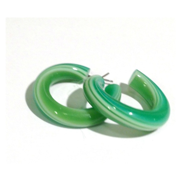 Green Striped Vintage Lucite Tube Hoop Earrings - Picture 3 of 4